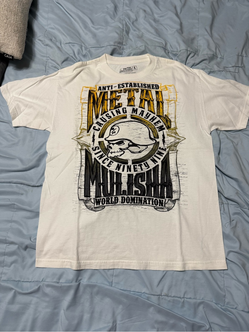 Metal Mulisha White Short Sleeve Skull Graphic Tee with Yellow Accents